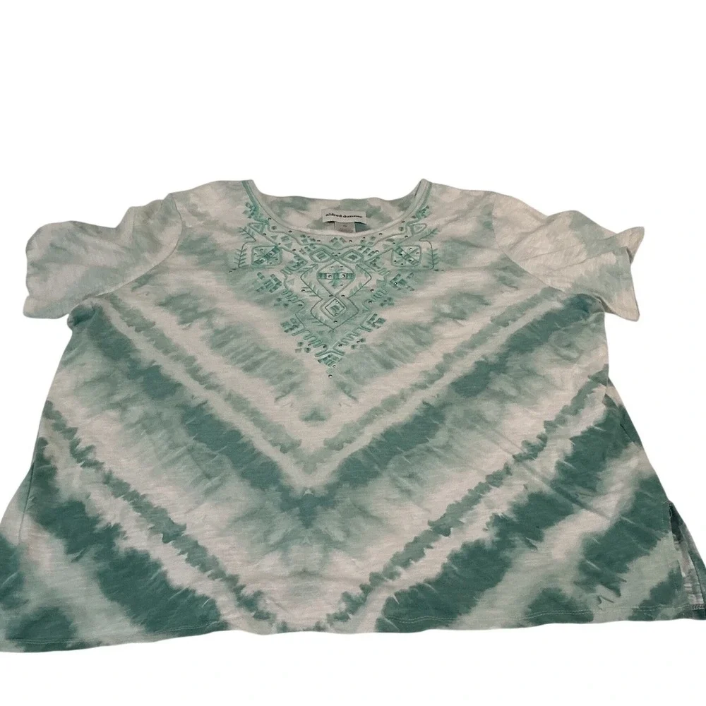 Alfred Dunner Top Womens XL Green Tie Dye‎ Embroidered Studded Slub